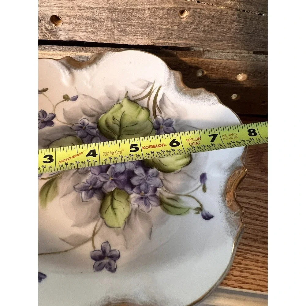 Antique PORCELAIN SMALL FOOTED COMPOTE Violets DECORATION Blue Floral Golden Rim